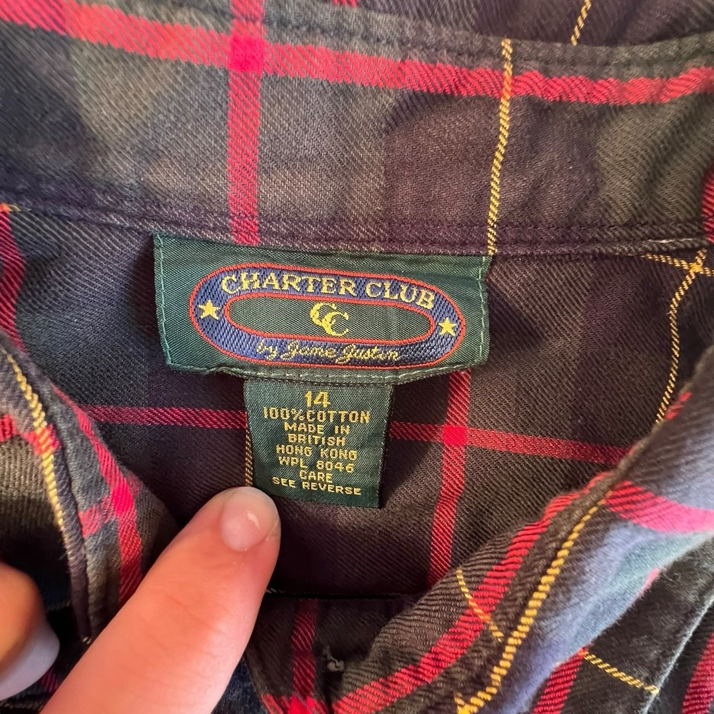 Charter Club Size 14 Plaid‎ Cotton Long Sleeve Top Womens Button-Up Shirt Green - Picture 3 of 8